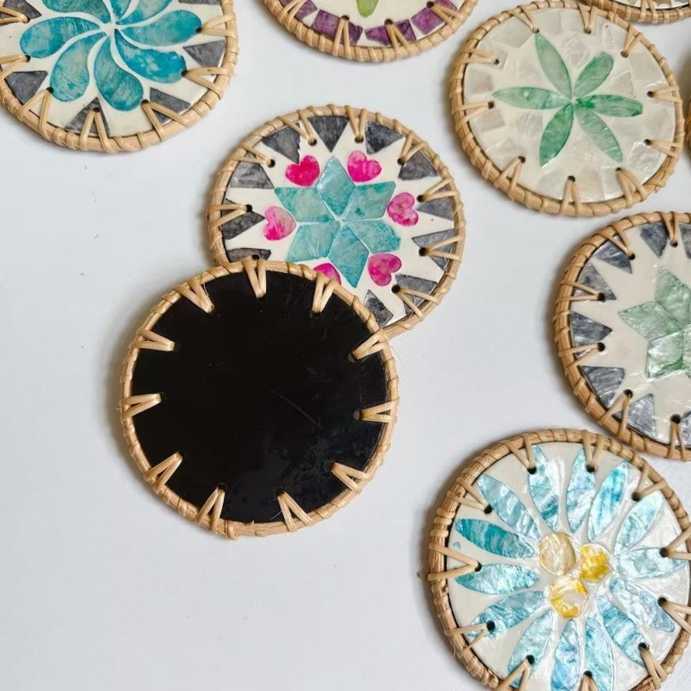 Round Rattan Coaster Colorful Mug Placemat New Shell Cup Mat  For Coffee Tea Hot Drink