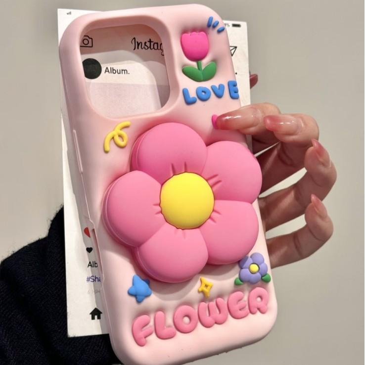 Girl's heart pink three-dimensional flower bracket for iphone16promax Apple 15 mobile phone case 14 new women