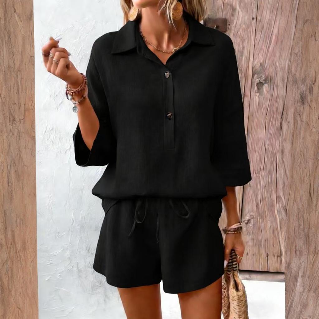 Fashionable Women's Color Cotton And Linen Lapel Short Sleeved Slim Belt Shorts Casual Set