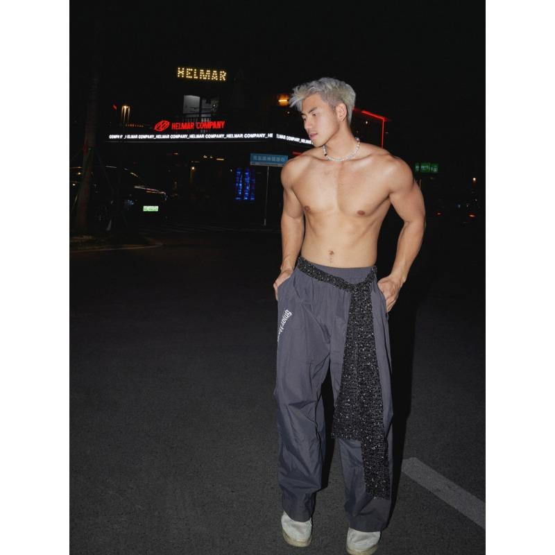 High Street Slack Sequins Straps Scimitar Casual Pants Men's and Women's Pleated Paratrooper Pants Loose Wide Leg Overalls