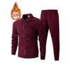 Men Waffle Texture Zipper Pocket Turn Down Collar Slim Fit Jacket Pants Set