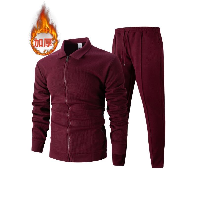 Men Waffle Texture Zipper Pocket Turn Down Collar Slim Fit Jacket Pants Set