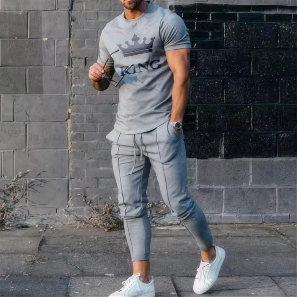 Men's Summer Fashion Sports Set Trendy 3D Printed Sports Set Casual Jogging Street Wear Short Sleeve T-shirt Long Pants 2-piece