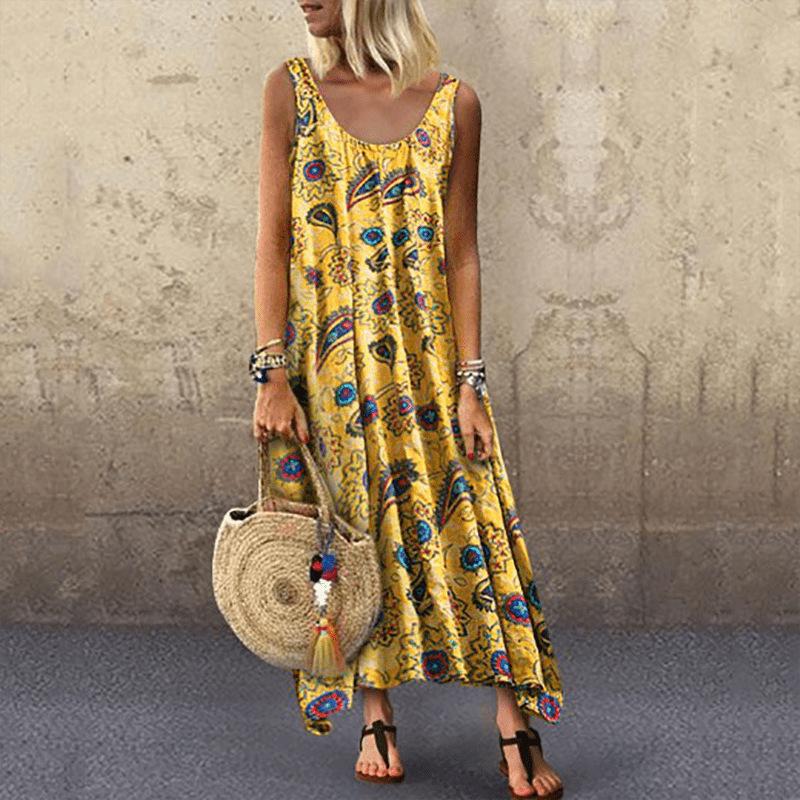 Women Summer Off Sholuder Round Neck Printed Big Swing Loose Casual Holiday Beach Long Dress