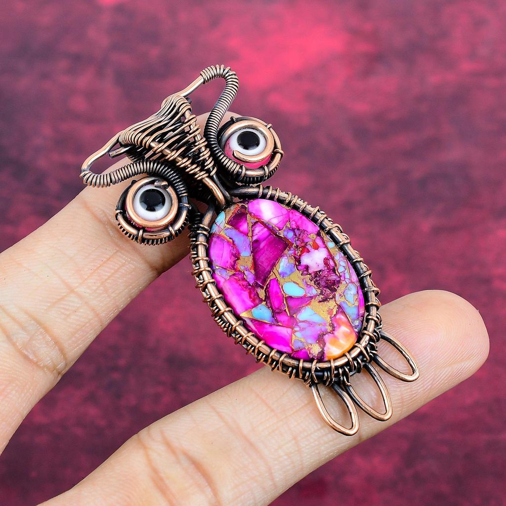 Natural Kingman Pink Dahlia Turquoise Pendant Copper Wire Wrapped Owl Jewelry