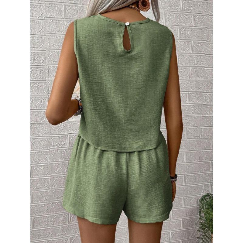 Women Sleeveless Round Neck Tank Top And Shorts Set Solid Color Casual Two Piece Outfit
