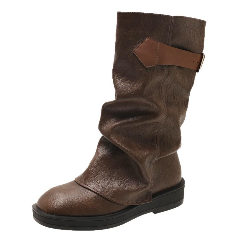 2025 retro belt buckle trousers women's western cowboy boots autumn and winter knee-high fashion boots