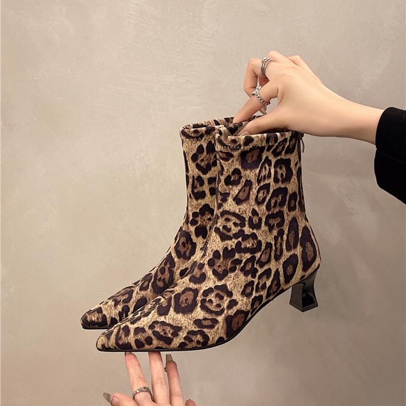 Fashion Aphixta Soft Stretch Fabric Women Ankle Boots Leopard Print Modern Boots 5cm Spike Heels Shoes Woman Boats Botines Para Mujeres