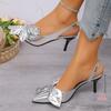 Sandale de Lux cu Vârf Ascuțit și Fundă Femei Slingback cu Fundă Tocuri Kitten Vârf Ascuțit Negru Satin Slip-On Tocuri Joase Pantofi Casual pentru Rochie