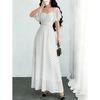 Womens Elegant French-Inspired Wrap Waist A-Line Chiffon Maxi Dress With Ruffle Sleeves Polka Dot Print