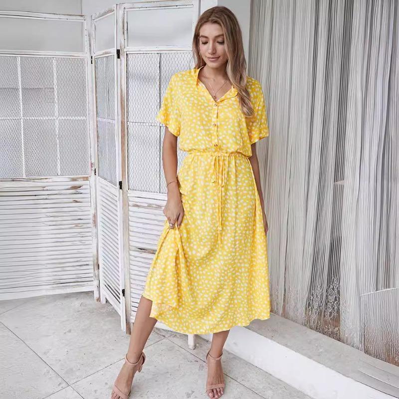 Summer polka dot printed short-sleeved mid-length dress women's fashion all-match elegant temperament