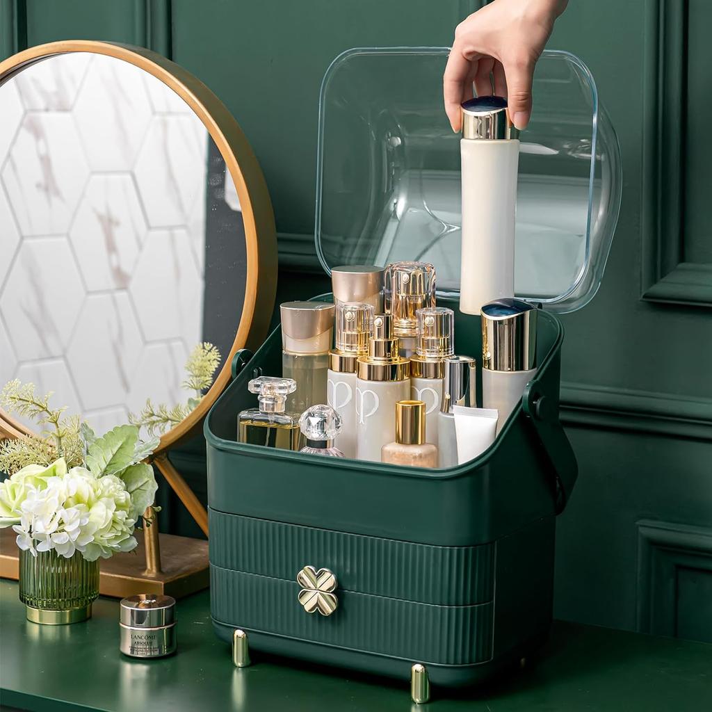 3 Tiers Makeup Organizer Holder Cosmetic Storage Box with Dust Free Cover Portable Handle 2 Rroomy Drawers