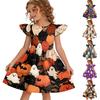 Girls Halloween Dress Flutter Sleeve Dress Ghost Print Patchwork Dress Kids Party Dress A-Line Dress for Toddler and Little Girls