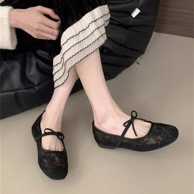 Sanfte Abendbrise Schleife Ballerinas Mädchen 2025 neu Fee hohles Mesh Spitze bestickte Schuhe Einzelne Schuhe