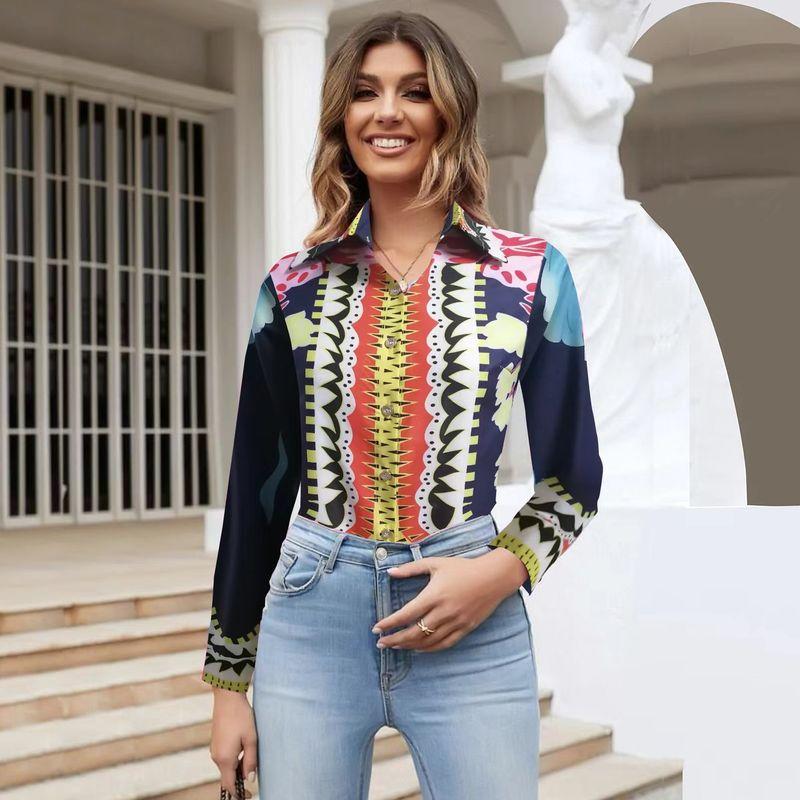 Fashion Spring & Fall New Lapel Work Clothing Ol Fashion Single-Breasted Straight-leg Gingham Geometric Print Long Sleeve Shirt Top