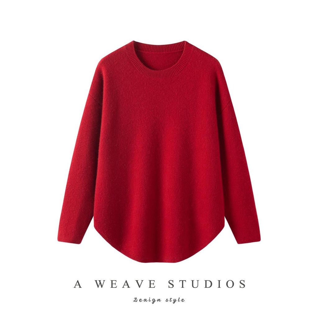 Cashmere Seven-Stitch Round Neck Loose Mid-Length Split Hem Knitted Sweater
