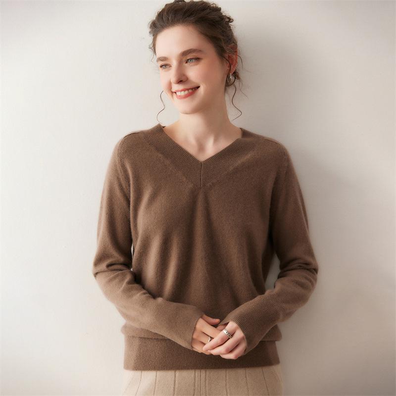 Lekasha Women's Cashmere V-Neck Sweater - Loose, Long-Sleeved Knit for Autumn & Winter
