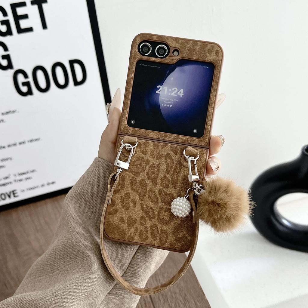 Leopard Print Silver Border Phone Case for Samsung Galaxy Z Flip 7 6 5 4 3 PU Leather Wrist Strap Protective Cover