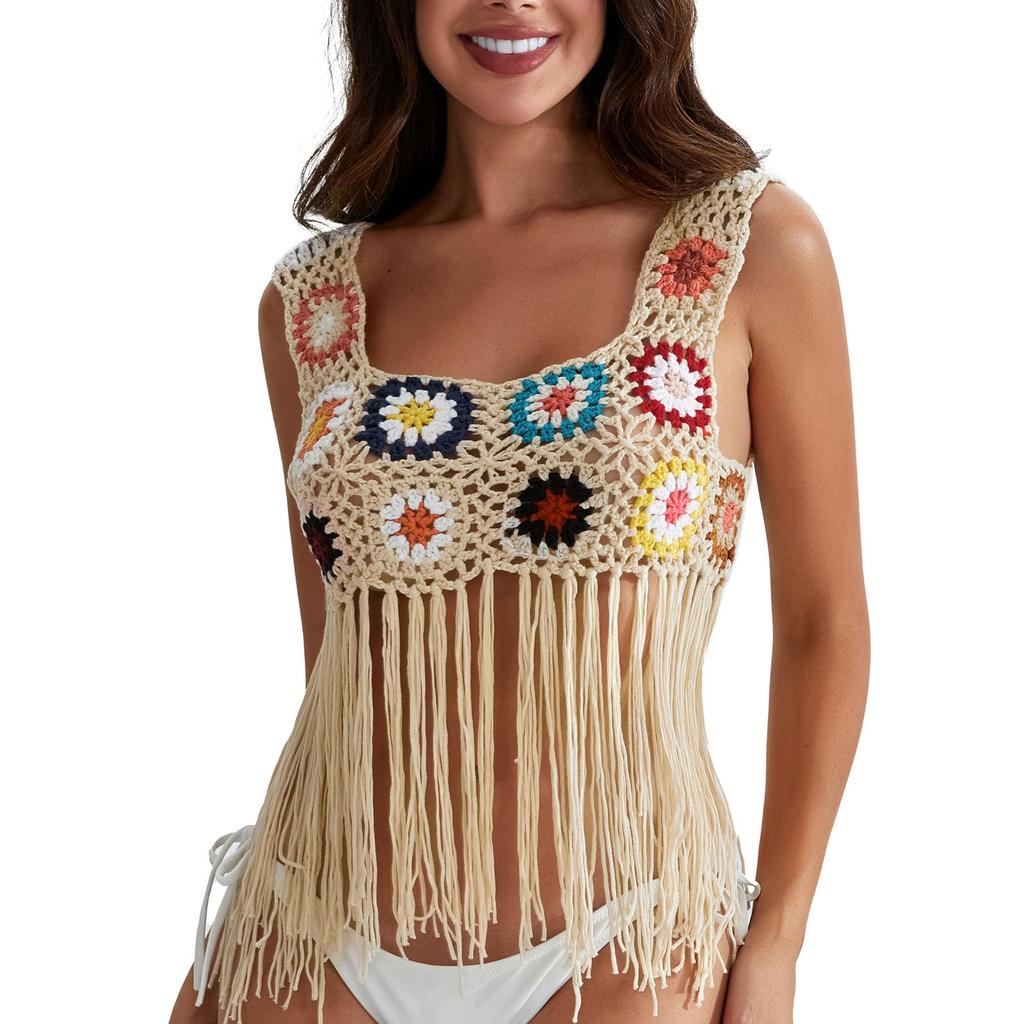 Womens Crochet Tank Top With Tassels Cover Ups Knit Colorful Floral Embroidery Summer Boho Camisole Hollow Out Beachwear