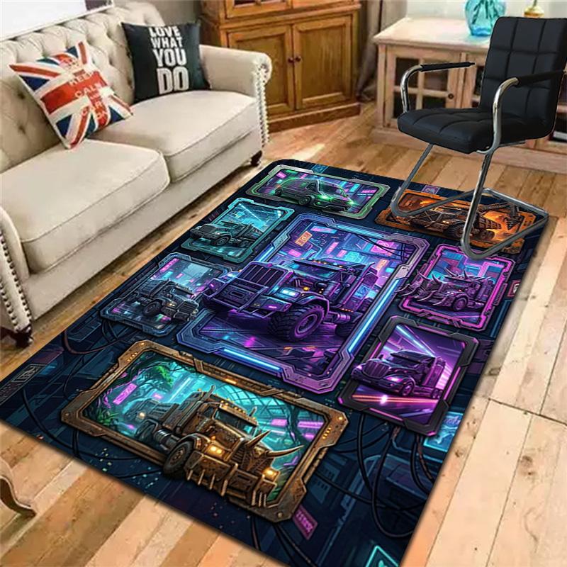 Cyberpunk Truck Gallery Pattern Rug Floor Mat for Living Room or Bedroom Soft and Comfortable Carpet a Gift for Birthday and Holiday.