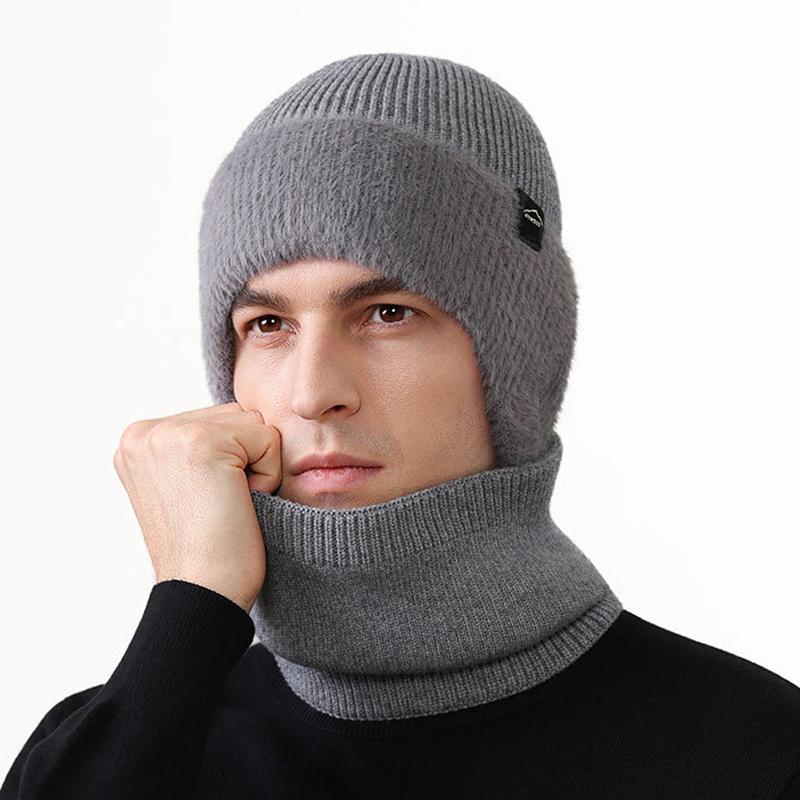 Winter Ear Face Protection Velvet Knitted Hat Scarf Kit Men's Winter Outdoor Warm Hat Two-Piece Set