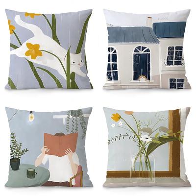 Decorative Pillowcase With Cat Illustration, Square Cushion, Bedroom, Living Room
