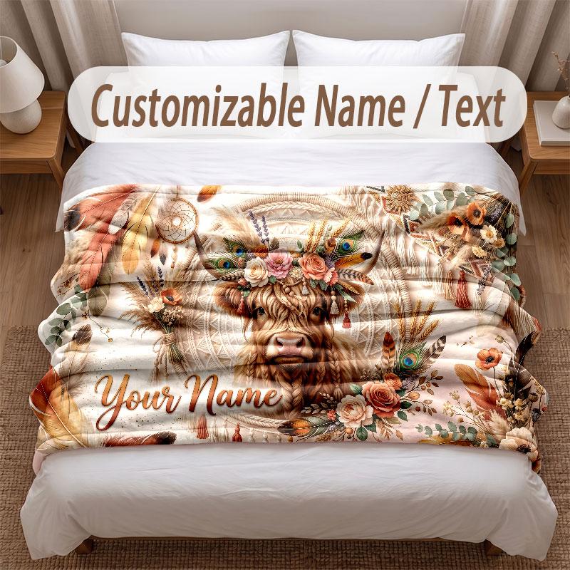 Highland Cow Theme Soft Blanket Personalized Custom Name Text Print Warm Blanket Home Sofa Bedroom Decor