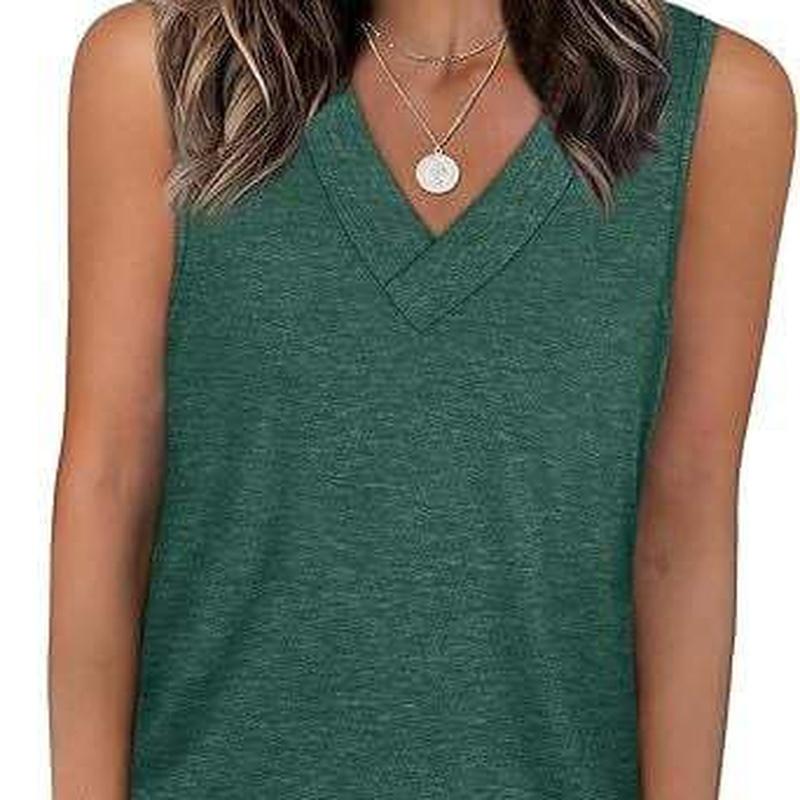Summer European Style Women V-Neck Casual Loose Fit Solid Color Tank Sleeveless