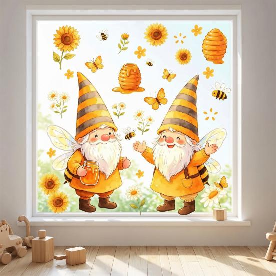 Yousheng 2Pcs Bee Gnome Glass Decal, Clear Electrostatic Window Clings, Summer Floral Pattern Window Sticker for Kids Room Balcony
