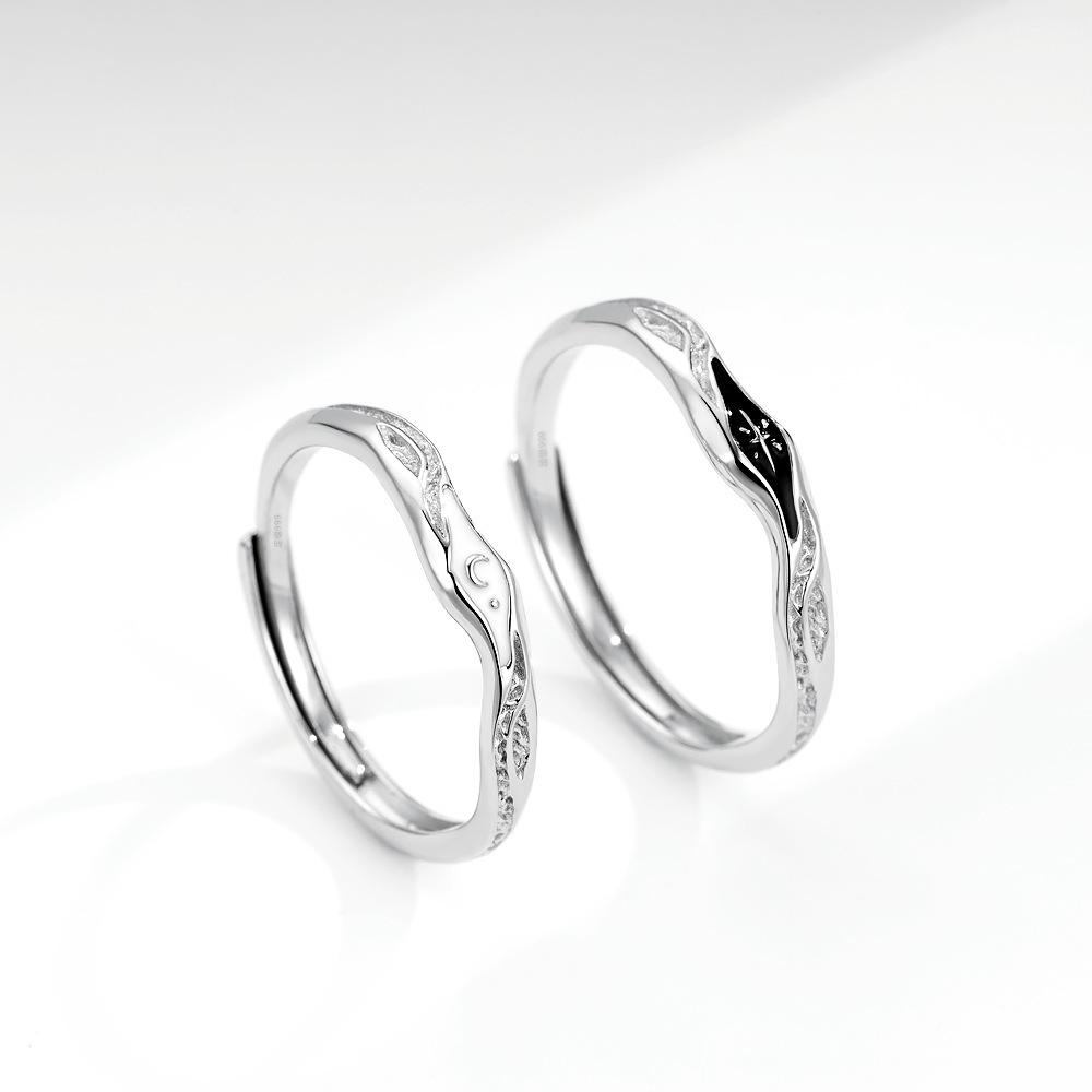 Anelli Coppia Stella & Luna in Argento Sterling 999 - Design Aperto Regolabile per Uomo & Donna