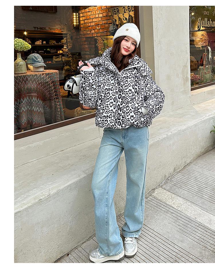 Women's Leopard Print Padded Jacket - Autumn Winter Style, Thickened Short Stand Collar, Cotton Outerwear.