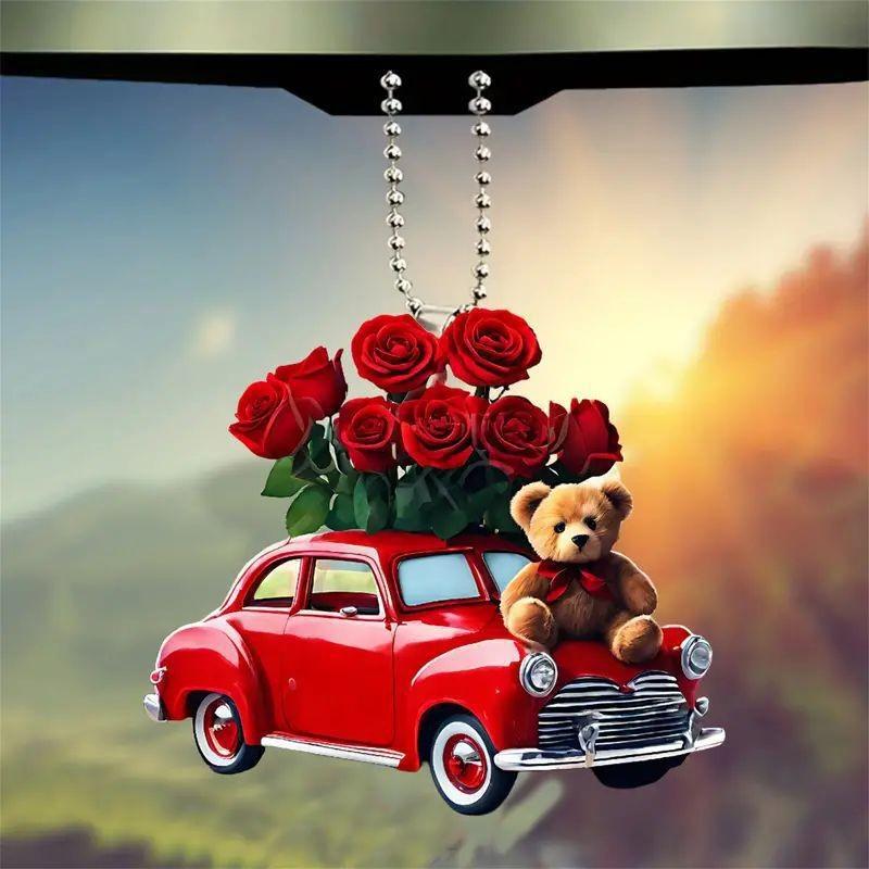 Acrylic 2d Adorable Bear And Rose Backpack Charm For Car Interior Decoration