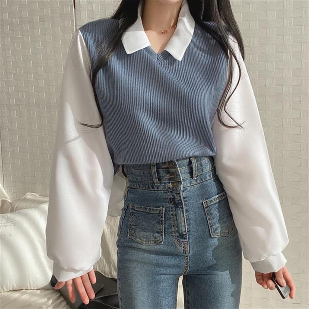 Blouse Women False Two-piece Collar Blouses Tops Streetwear Loose Youth Pullovers Elegant Shirt