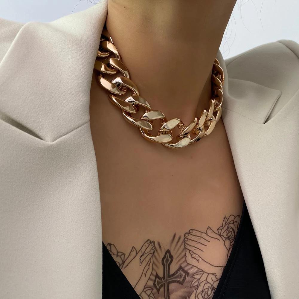 Punk Miami Cuban Choker Necklace Collar Statement Hip Hop Big Chunky Aluminum Gold Color Thick Chain Necklace Women Zircon