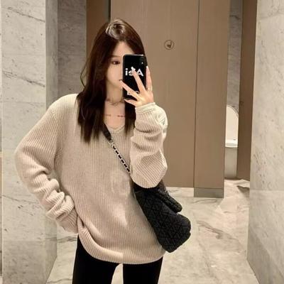 Black V-neck Knitted Sweater Women's Lazy Style Autumn New Long Sleeve Hoodie Loose Early Autumn Top Women's Outerwear