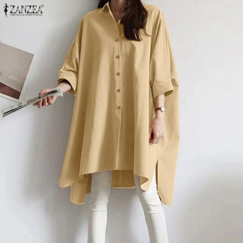 ZANZEA Women Turn Down Collar Loose Casual Long Sleeve Plain Blouse