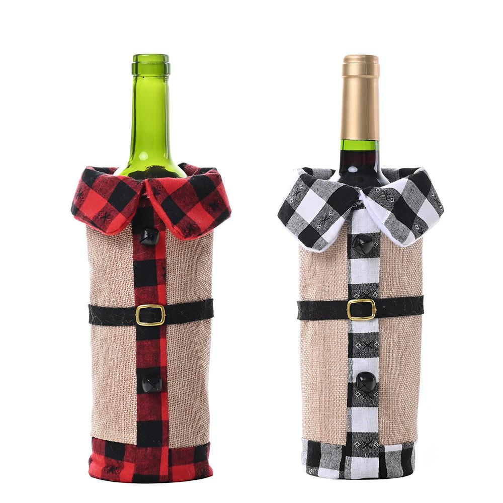 Red Cozy And Black Tartan Wine Bottle Sleeve With Elegant Burlap Bell For Holiday Celebrations