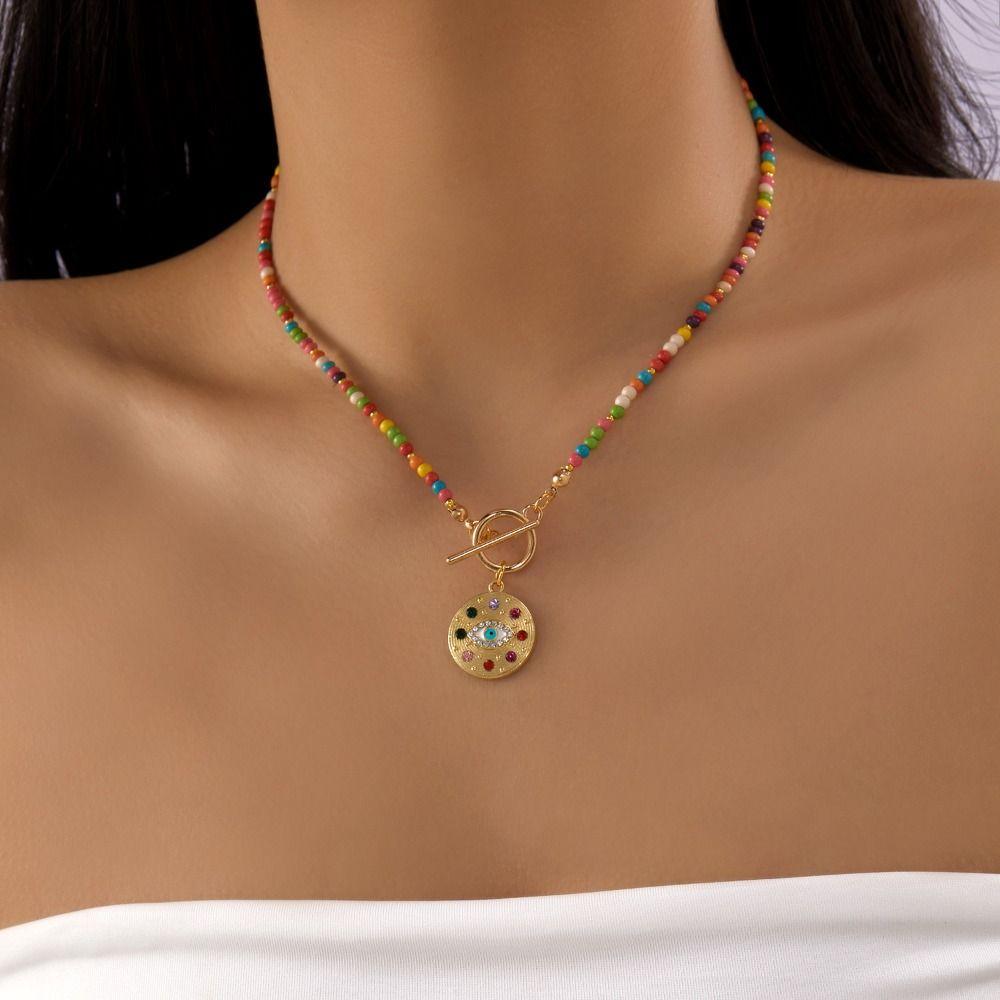 Boho Style Colorful Stone Choker 4mm Beads Beads Chain Necklace Evil Eye Charm Pendant  Women Girls