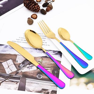 4-teiliges Jankng Basic-Geschirr-Besteck-Set, Messer, Gabel, Löffel, Teelöffel, Besteck, Regenbogengriff, Gold, Edelstahl, Geschirr, Besteck-Set