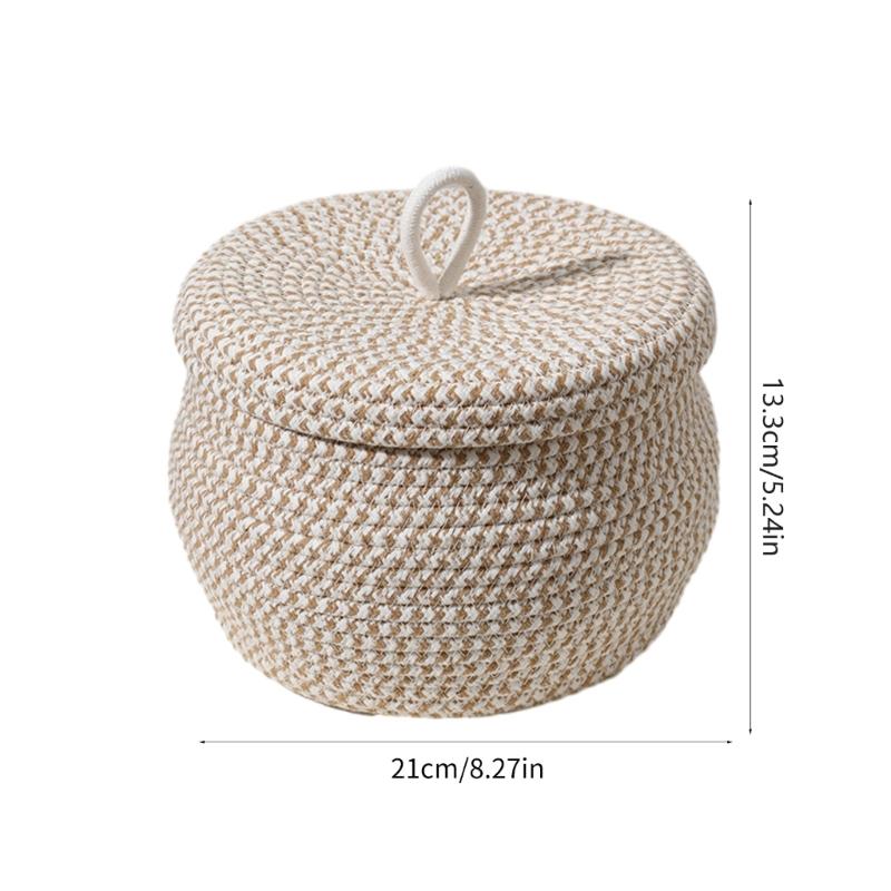 Storage Basket with Lid Key Laundry Round Little Baskets Organizer Shelves Woven Cotton Rope Indoor Pots Plant Decor