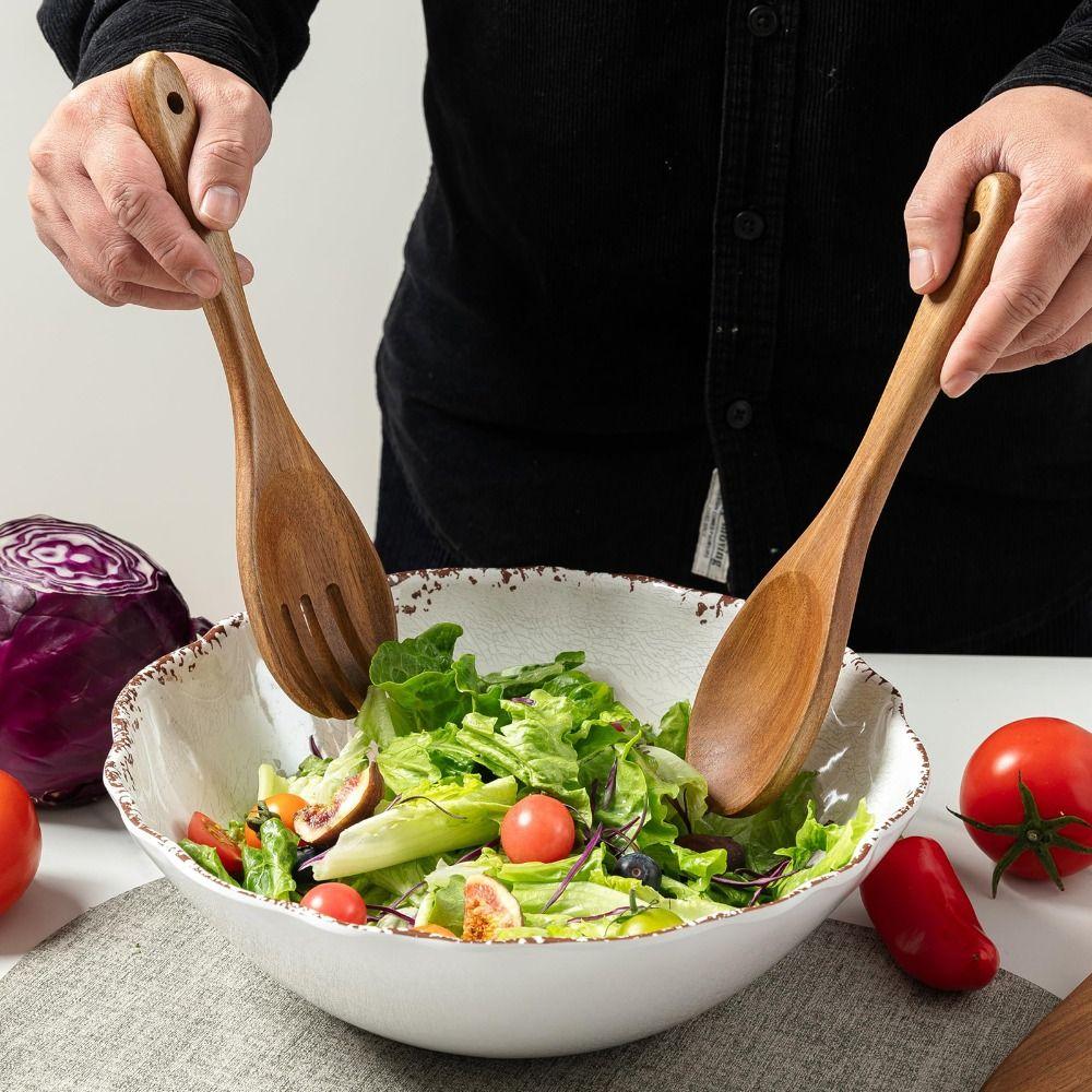 2Pcs Acacia Wood Salad Servers Polished Portable Salad Tongs Long Handle 10.5 Inch Spoon and Fork Set Serving Utensils
