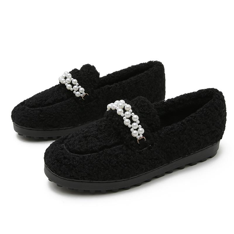 Fashion Luxury Winter crystal flower cotton shoes women shearling loafers sneakers warm plush moccasins fur flats woman plus size 42/43