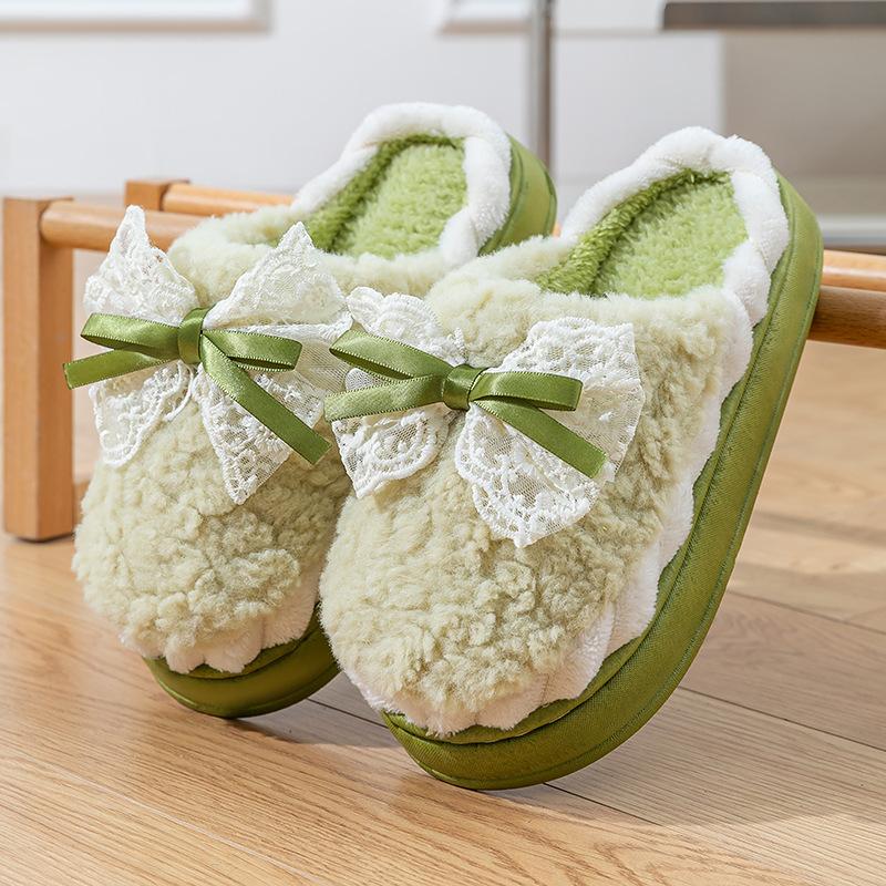 Bow 2025 new cotton slippers winter indoor home soft sole non-slip warm plush platform shoes