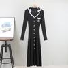 Autumn Elegant Slim Knitted Long Dress Women's Letter Single Breasted Long Sleeved Designer Vintage Dresses Winter Sweater