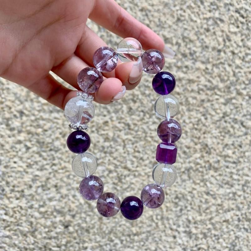 Handgemaakte Natuurlijke Amethist Armband 18 Kralen 10mm Geometrische Stijl Boho Dames Sieraden Met Witte Kristal Accenten