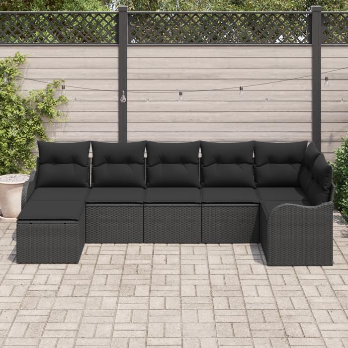 Ensemble de canapé jardin 7 pièces avec coussins en rotin poly noir vidaXL, Canapé jardin 2 places avec coussins en rotin 3345793