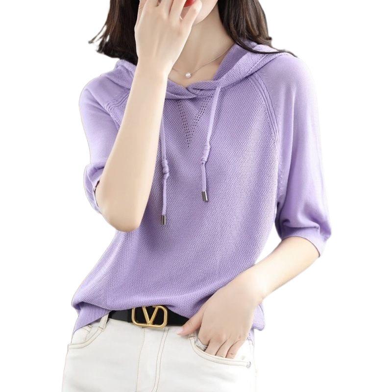 Summer versatile hooded short-sleeved shirt women's ice silk knitted sweater pullover bottoming shirt thin loose foreign style top women