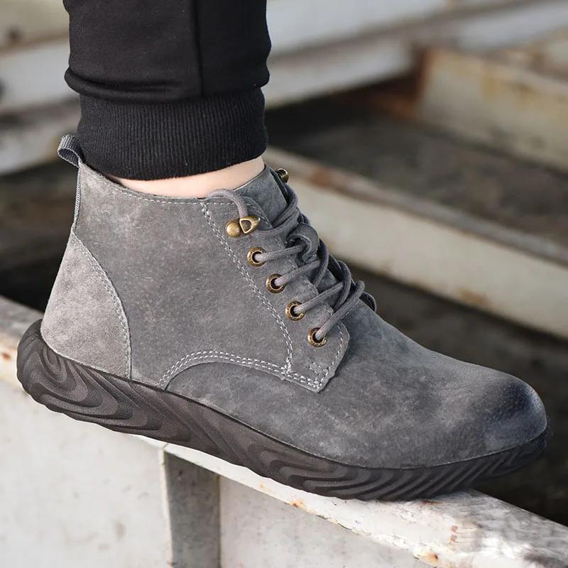 Mens Work Boots Fashion Outdoor Steel Toe Cow Leather Steel Toe Shoes Men Anti Slip Puncture Proof Safety Shoes Boot Man