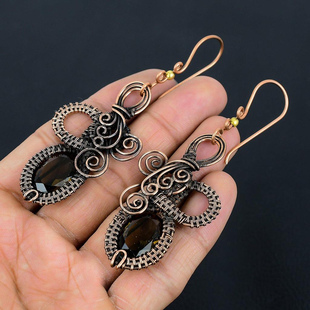 Smoky Topaz Earrings Gemstone Jewelry, 999 Copper Wire Wrapped Earrings, Handmade Beautiful Jewelry Earrings