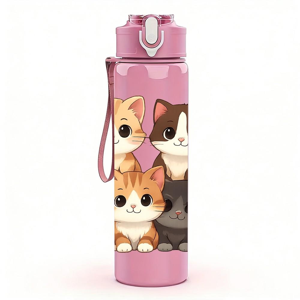 1PC Family Kitten Stack Pattern 750ml Color Plastic Sports Water Bottle Leakproof Flip Straw Lid Suitable for Sports Office Home Use